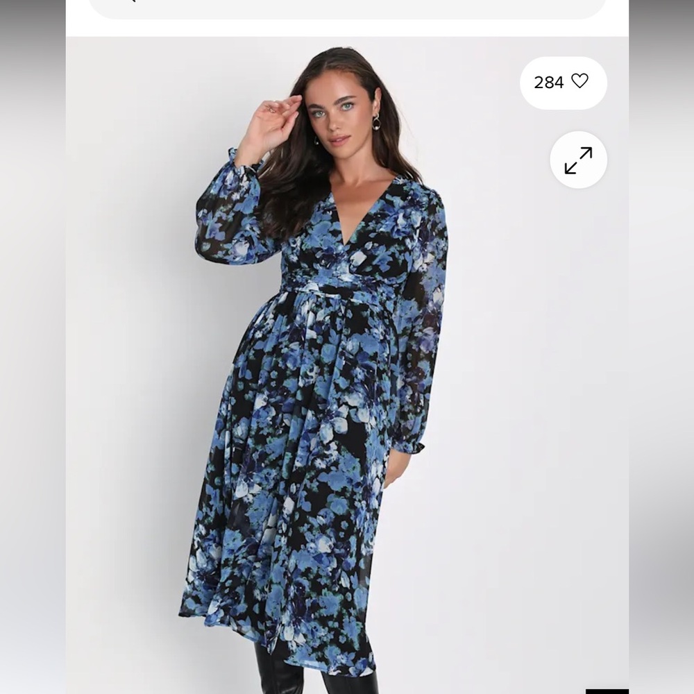 Lulu's Black and Blue Floral Long Sleeve Midi Dress